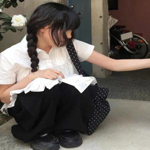 스윗 엣지 스플라이싱 반팔 루즈핏 와이드 레그 캐주얼 청 상하 세트 한국 스타일 포인트 젊은 감각 셔츠