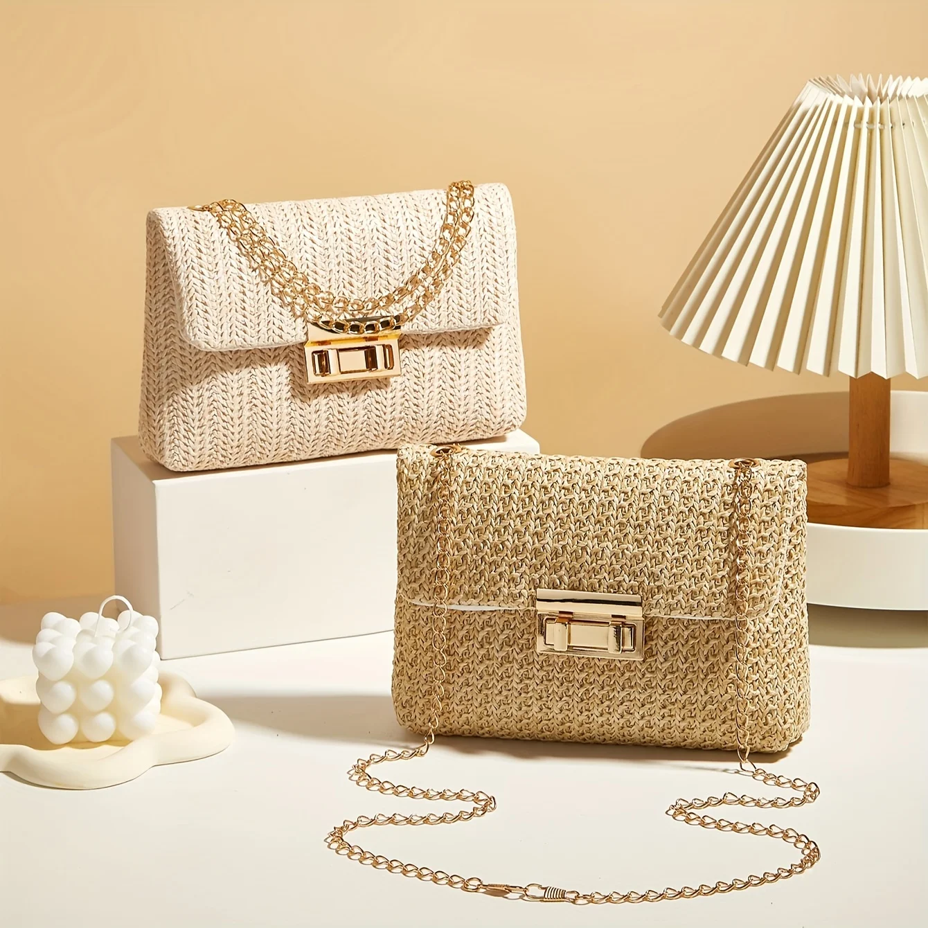 여성용 핸드메이드 짚 숄더백, 패션 솔리드 컬러 크로스바디 백 잠금장치 포함