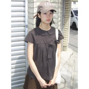 빈티지 격자 무늬 셔츠 여성 일본 하라주쿠 보우 피터팬 칼라 블라우스 여름 한국 미적 반팔 캐주얼 탑 New