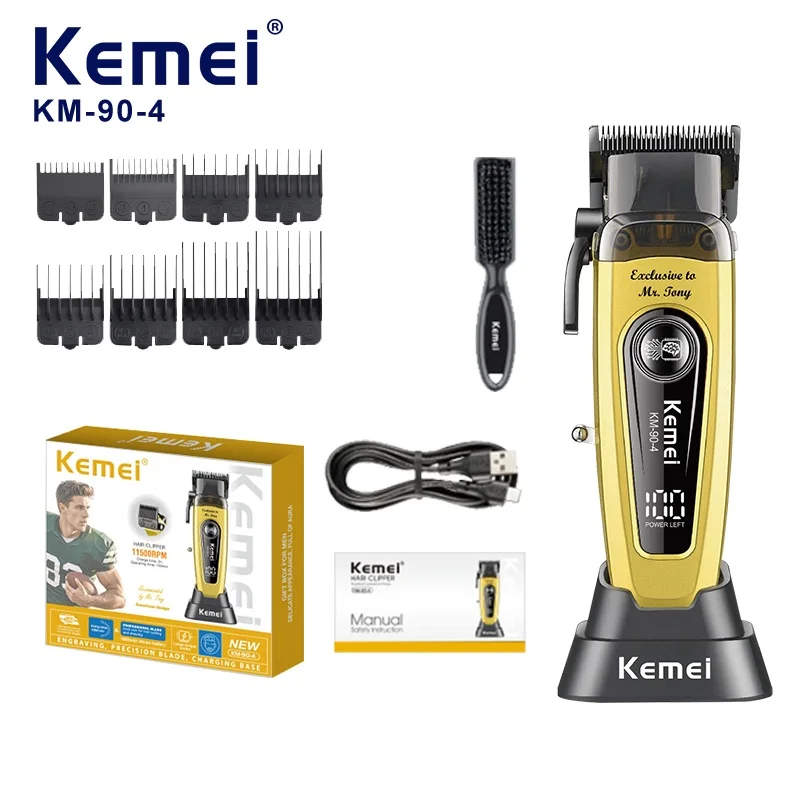 Kemei 90-4 11500RPM 충전식 헤어 클리퍼 (베이스 포함) 바버 무선 헤어 클리퍼 남성용 전기 면도기 헤어 클리퍼