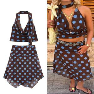 여름 여성 빈티지 물방울 무늬 슈트 민소매 스카프 포함 홀터넥 백리스 베스트 탑+하이웨이스트 비대칭 스커트
