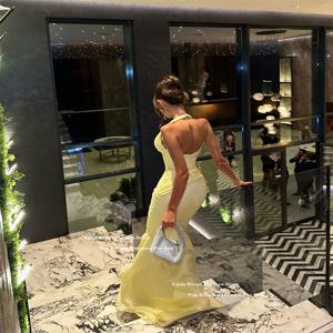 Xijun 베이비 옐로우 쉬폰 이브닝 드레스 다크 v 넥 인어 댄스 파티 드레스 홀터 사우디 아라비아 공식 댄스 파티 드레스 맞춤형