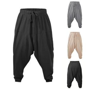 남성용 하렘 바지 코튼 린넨 드롭 가랑이 아늑한 streetwear 루즈 피트 통기성 경량 롱 바지 남성 조깅
