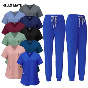 탄성 빠른 건조 여름 간호사 유니폼 병원 수술 유니폼 애완 동물 수의사 스크럽 세트 여성 남성 의료 정장 간호 액세서리