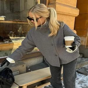 2025 가을 겨울 여성용 빈티지 롱 슬리브 루즈핏 싱글 버튼 스탠드 칼라 울 코트 스트릿 아우터