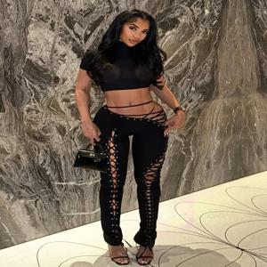 이상한 고양이 섹시한 2 피스 세트 여성 Hipster Halter Camisole + Shirring Hollow Pants Midnight Matching Stretch Clubwear 스키니 의상