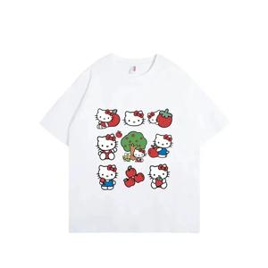 헬로키티 산리오 펀 프린트 코튼 티셔츠 여름 만화 그래픽 여성 티셔츠 라운드넥 플러스 사이즈 루즈 캐주얼 의류 탑