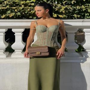 그린 바디콘 베스티도 스커트 세트 여성 레이스 백리스 슬리브리스 레이스업 비키니 탑 새틴 롱 스커트 신상 여름 Y2k 여성 가운