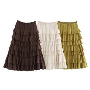 가을 신상 미디 스커트 여성 패션 ZR 스타일 중간 허리 디자인 레이어드 장식 폴리에스터 섬유 도시 출퇴근 스커트