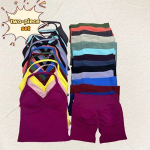 2피스 여성용 심리스 DF요가 세트 롱라인 스트래피 탱크탑 & 스크런치 스포츠 쇼츠 여름 운동복 짐웨어