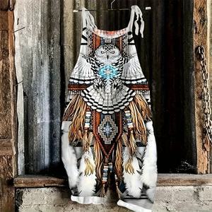 2025 여름 신상 여성 점프수트 캐주얼 휴가 트라이벌 올빼미 패턴 빈티지 점프수트 큰 사이즈 홈 루즈 백 팬츠