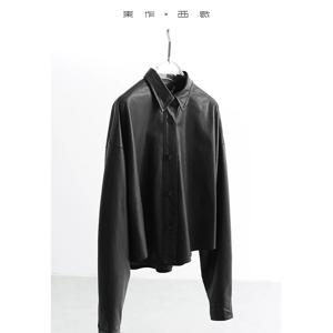 부드럽고 윤기 있는 염소 가죽 ~ 뿔 단추 천연 가죽 아우터 라펠 긴팔 케이프 타입 숏 여성 아우터 탑 2025 가을 겨울 신상