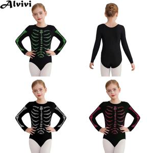 어린이 긴 소매 반짝 이는 라인 석 발레 댄스 체조 레오타드 할로윈 테마 파티 해골 코스프레 공연 의상