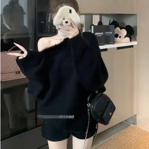 가을 겨울 오리지널 레이지 슬리밍 퍼 칼라 숄더 노출 니트 스웨터 탑 하이웨이스트 숏 팬츠 여성 투피스 세트