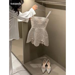 아만다 맞춤 글리터 비딩 A라인 슬리브리스 웨딩드레스 섹시 미니 드레스 스파게티 스트랩 정장 이브닝드레스 2025