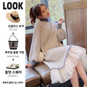 Liuwanfei의 여성을위한 우아한 긴 소매 무릎 길이 스웨터 드레스 가을 겨울 새로운 도착 세련된 미니멀리스트 스타일