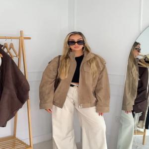 여성 세련된 짧은 스탠드 칼라 스웨이드 재킷 패션 세련된 지퍼 포켓 루즈핏 아우터웨어 신상 여성 가을 데일리 하이스트릿 코트