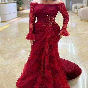 맞춤형 고품질 정교한 레이스 수제 꽃 주름 장식 머메이드 오프숄더 롱 드레스 맞춤 제작 행사 드레스