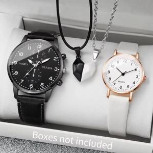 4개/대 패션 커플 시계 아랍어 다이얼 쿼츠 시계 캐주얼 PU 가죽 스트랩 손목 시계 목걸이 세트(상자 없음)