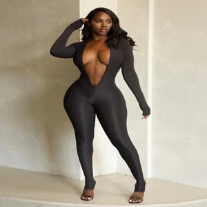 니버 백리스 점프수트 여성 딥 브이넥 긴팔 솔리드 스키니 하이 스트레치 섹시 미드나잇 코켓 베이직 와일드 가을 의상