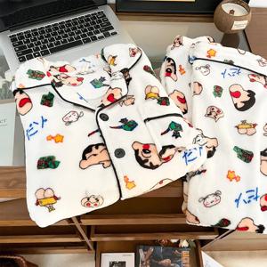 남성용 두꺼운 코랄 플리스 파자마 셔츠 겨울 홈웨어 긴팔 라펠 플러시 따뜻한 플란넬 수트 캐주얼 야외 착용용