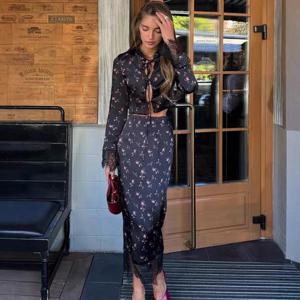 Tornova 레이스 꽃 프린트 탑 스커트 정장 여성 레이스 업 긴 소매 카디건 패션 슬림 롱 스커트 여성 정장 가을