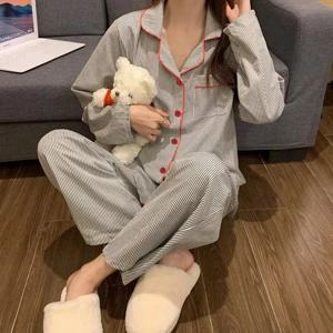 여성용 긴팔 통기성 파자마, 학생용 잠옷, 회색 줄무늬 가디건, 실내복