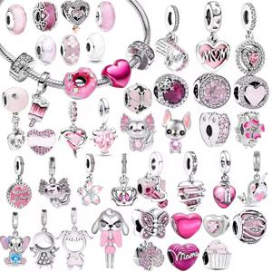 새로운 유럽풍 핑크 오리지널 참스 러브 포션 무라노 글라스 하트 댕글 비즈 925 스털링 실버 팔찌 DIY 여성용 주얼리