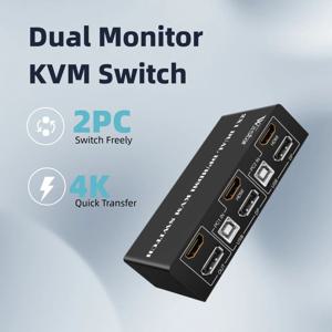 2x1 듀얼 모니터 KVM 스위치 HDMI 및 DP 4K 60Hz 2대의 PC를 하나의 키보드 마우스 USB 허브로 제어 확장 또는 미러 모드 지원