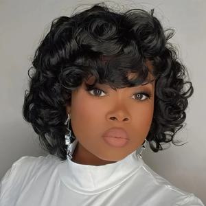 패셔너블한 푹신한 곱슬머리, 자연스러운 색상, 앞머리가 있는 짧은 머리, 접착제 필요 없음, 바로 착용 가능, 합성 가발