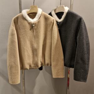 탈부착 가능한 리얼 밍크 퍼 칼라 라운드 넥 숏 울 재킷 레몬 치즈 MIN25 겨울 여성 패션 출퇴근 스타일 코트