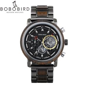 BOBO BIRD 남성 시계 맞춤형 뒷면 커버 텍스트 나무 손목시계 홀로우 디자인 일본 무브먼트 듀얼 스톱워치 드롭쉬핑