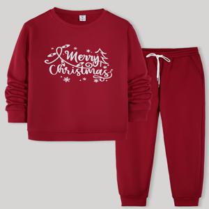 남성용 버건디 라운드 넥 스웨트셔츠 세트 메리 크리스마스 손글씨 크리스마스 프린트 캐주얼 조거스 데일리 투피스 세트