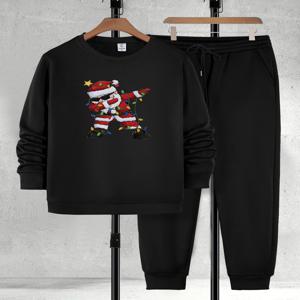 남성용 크리스마스 테마 블랙 스웨트 셔츠 세트 재미있는 산타 프린트 라운드 넥 편안한 통근 복장 캐주얼 스트리트웨어