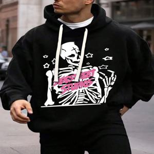 남성용 블랙 후디 세트 해골 레터 더블 프린트 스트리트 스타일 쿨 캐주얼 팬츠 데일리 투피스 수트