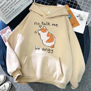 No Talk Me 귀여운 화난 고양이 프린트 여성 Hoody 힙합 소프트 후드 캐주얼 플리스 풀오버 Oversize Fleece Woman streetwear