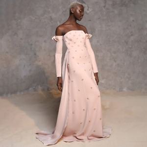 여성용 럭셔리 이브닝 원피스, 분리형 긴팔 구슬 인어 정장 가운, 스트랩리스 가벼운 샴페인 무도회 드레스