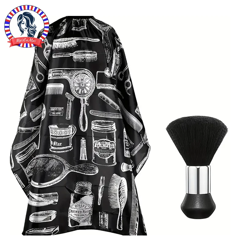 이발사 랩 세트 목 먼지 떨이 브러시가 포함된 방수 헤어 커팅 케이프 - 전문 이발사 살롱 미용 앞치마 헤어 스타일리스트