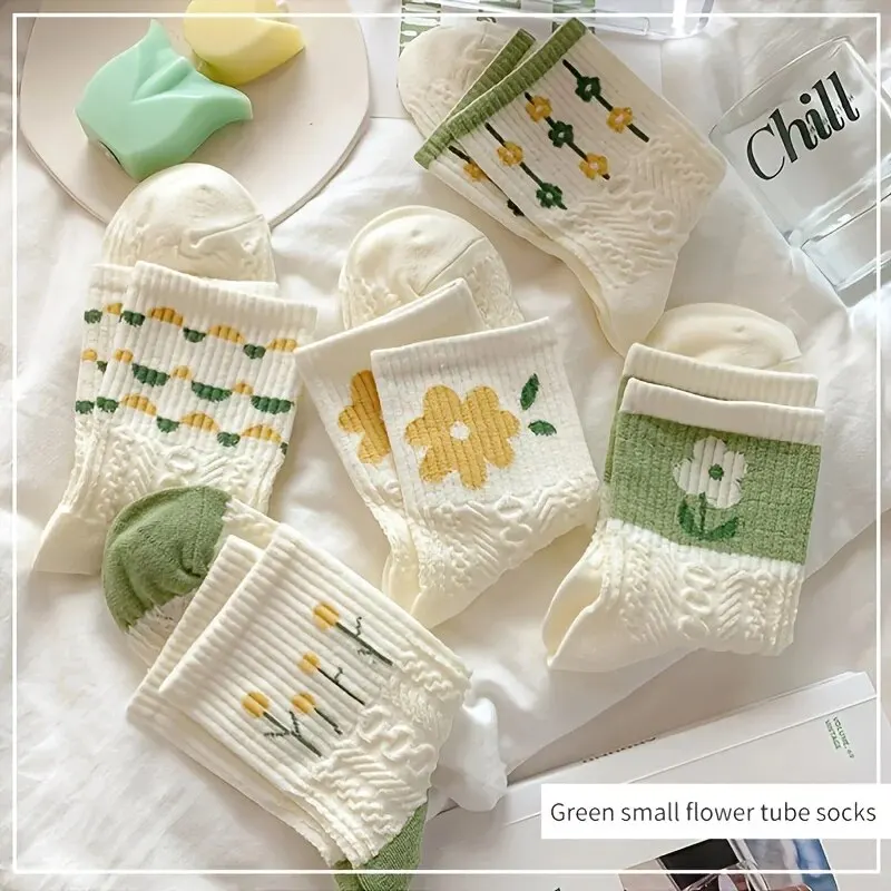 5 쌍 복고풍 꽃 양말, 질감 솔리드 양말, 여성용 양말 및 양말 중반 송아지 양말 소박한 복고풍 캐주얼 양말