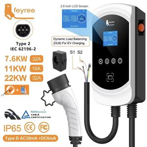 Feyree EV 충전기 Type2 케이블 32A 7.6KW 동적 부하 Blancing EVSE Wallbox APP 기능 11KW 22KW 충전 스테이션 전기 자동차