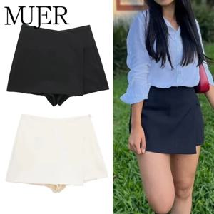 MUJER 2025 여성용 비대칭 스코트 블랙 하이웨이스트 미니 스커트 반바지 여성 캐주얼 버뮤다 반바지 여성 여름 스커트 반바지