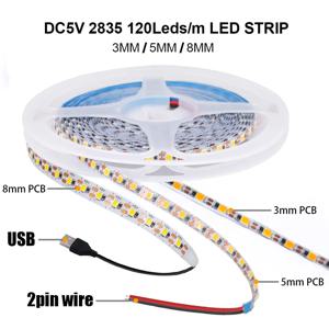 3mm 5mm PCB LED 스트립 조명 5V 2835 1 LED 컷 초박형 120LED/m 8mm 유연한 테이프 DC IP21 방수 아님 따뜻한 자연 흰색