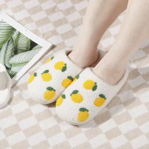 레몬 과일 패턴 여성용 면 슬리퍼 실내용 따뜻하고 편안한 부드러운 슬리퍼 미끄럼 방지 두꺼운 겨울 슬리퍼