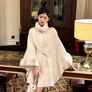 우아한 렉스 토끼 모피 칼라 벨트 니트 판초 케이프 숄 모직 여성 코트, 가을 겨울