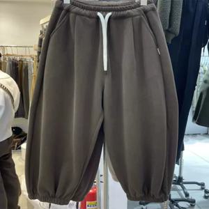 플러스 사이즈 여성용 플리스 안감 탄력 허리 두꺼운 하란 와이드 레그 팬츠 가을 겨울 신상 캐주얼 롱 팬츠