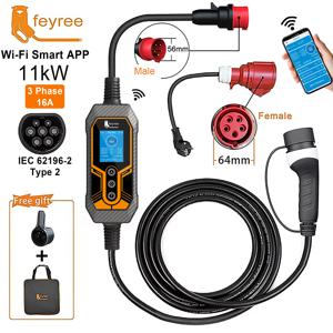 Feyree 11kW Type2 16A 3상 휴대용 EV 충전기 Wi-Fi APP Bluetooth 버전 EVSE 충전 케이블 전기 자동차용 5m CEE 플러그