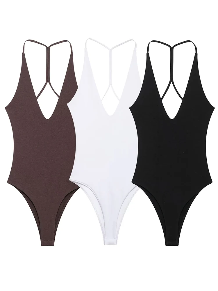 TFMLN 여성 솔리드 바디 슈트 섹시한 백 레스 패션 슬림 여성 탑 세련된 V 넥 슬링 바디 슈트 여름 여성 하이 스트리트 아웃웨어