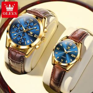 연인을위한 OLEVS 커플 쿼츠 시계 톱 브랜드 럭셔리 가죽 시계 방수 손목 시계 패션 캐주얼 여성 시계 커플
