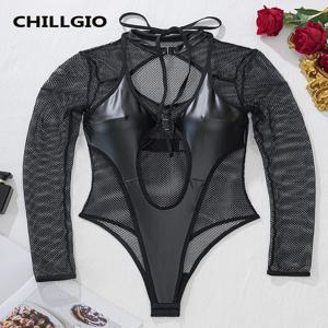 CHILLGIO 섹시한 투명 메쉬 PU 여성 Rompers Bodycon 원피스 조합 Onesie 패션 streetwear Hollow Catsuit Hot Tights