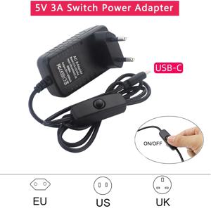 ON/OFF 스위치가 있는 5V 3A 전원 공급 장치 EU 미국 영국 플러그 충전기 Raspberry Pi 4 Orange Pi Zero 3 / 3B용 USB Type-C 전원 어댑터